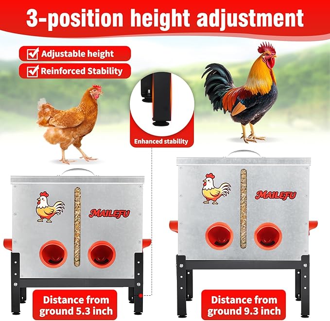 Automatic Chicken Feeder 40LB, Large Metal Poultry Feeder No Waste Design, Rat Rodent Proof Chicken Feeder with Locking Lid, Visual Window & Adjustable Legs, Weatherproof Chicken Coop Feeder