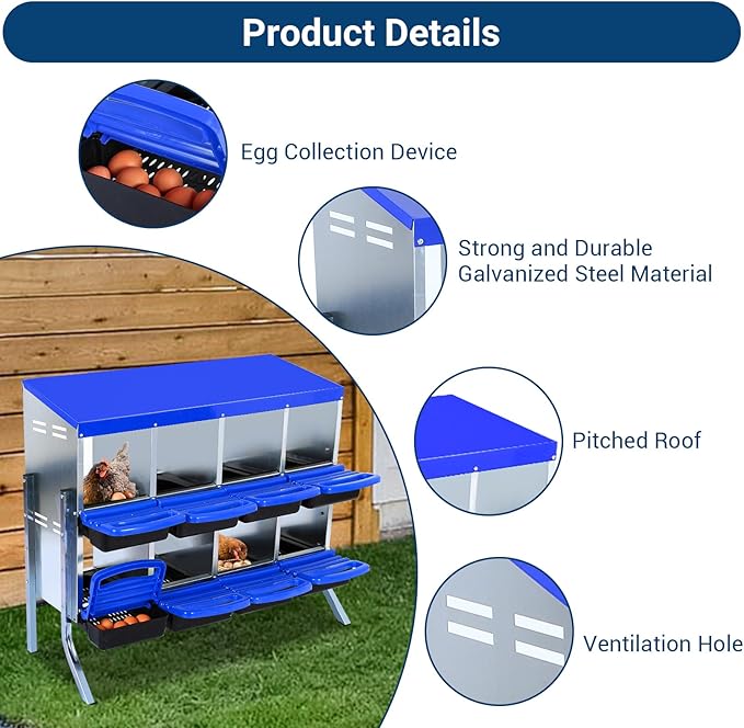GarveeLife Chicken Nesting Box, 8 Compartments Nesting Boxes for Chickens, Chicken Laying Boxes with Legs, Roll Away Nesting Box for Chickens Laying Egg with Lid Cover to Protect Eggs, Blue