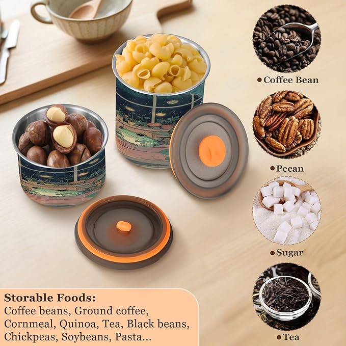 Coffee Canister Night Frog Farmhouse Airtight Stainless Steel Coffee Container, 30 OZ Food Storage Container for Coffee Beans, Ground, Sugar, Tea, Flour, Rice