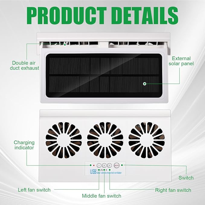 2 Pack Solar Powered Car Exhaust Fan 3 Fans Car Window 4500 RPM Air Vent Radiator Solar Energy Cooling Vent Exhaust for General Types(Rechargeable & Solar 3 Fans,White)