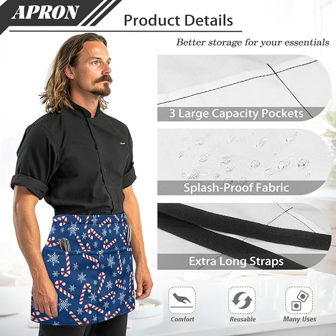 Waist Apron with 3 Pockets Waterproof 13 Inch Short Half Waist Aprons Women Men Server Aprons Waitress Waiter Apron