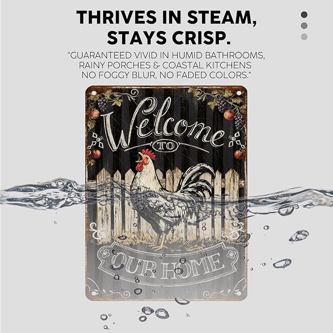 Vintage Rooster Tin Sign Welcome To Our Home Retro Chicken Metal Poster Rustic Nostalgic Metal Sign Wall Decor For Home Farmhouse Farm Room Yard Cafe Kitchen Bar 16 * 12In