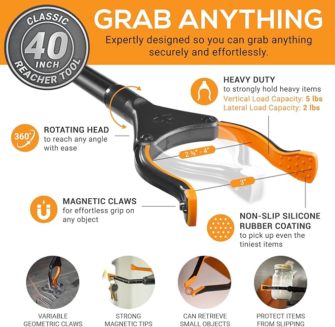 EZPIK Classic 40” Folding Grabber Reacher Tool with Dual Magnets, Heavy Duty Trash Picker Upper Grabber for Seniors & Disabled Users, Aluminum Pickup Tool for Everyday Reaching Aids (Black, 2 Pack)