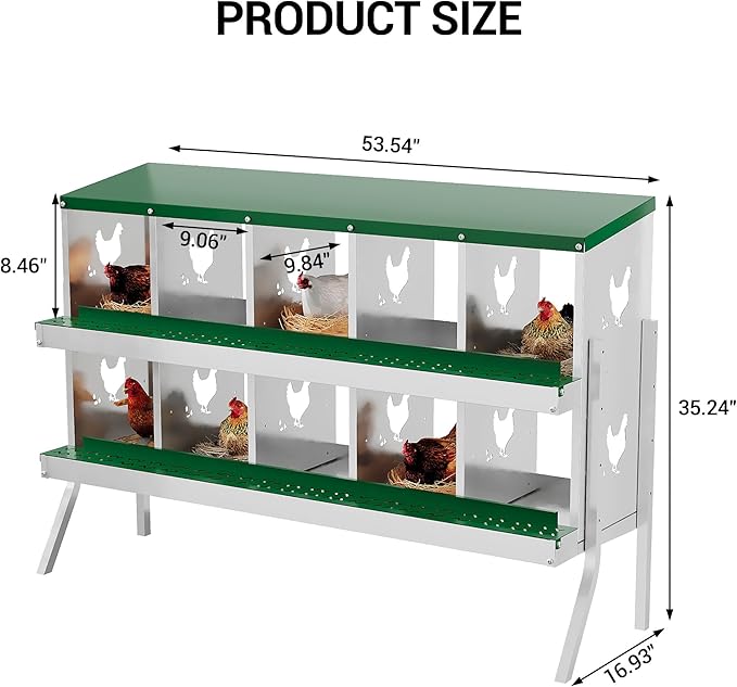 Chicken Nesting Box, 10 Holes Steel Chicken Nesting Boxes for Chicken Coop, Large Vented Holes Chicken Laying Boxes with Rollout Egg Collection, Wall Mount/Free Standing for Chickens, Hens