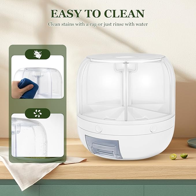 Rotating Grain Dry Food Dispenser Countertop - 6 Grids Cereal Tank Dispenser for Lentils, Rice, Beans - Kitchen Pantry Storage Container- Max 10kg/22 lbs Capacity - White