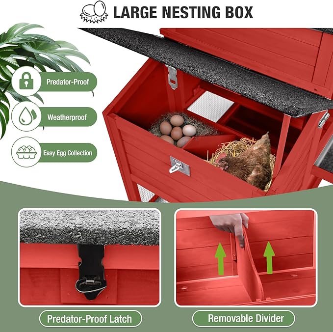 Mobile Chicken Coop with Run, Large Wooden Hen House Poultry Cage with Wheels, Nesting Box, Pull-Out Tray, Waterproof Roof, Red, 73.4" L x 27.9" W x 43.2" H, for 3-5 Chickens