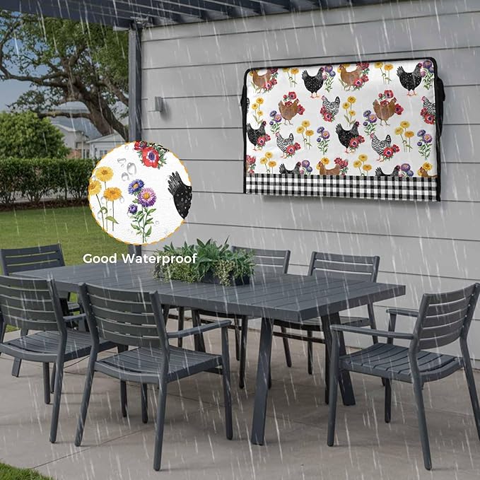 Waterproof Outdoor TV Cover 70 to 75 Inch, Farm Chicken Flower Outside Flat Screen Televisions Weatherproof Cover Size 68"L x 42"H, White Black Plaid TV Protector With Zipper