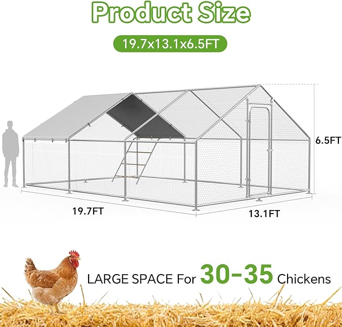 Large Metal Chicken Coop Run with Roosting Perch, Outdoor Waterproof & UV-Resistant Cover for Chickens, Ducks, Rabbits, and Hens in Yard or Farm Use Spire Roof (13.1'Wx19.7'Lx 6.5'H)