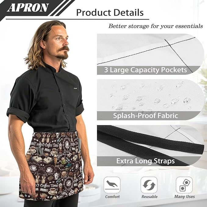 Waist Apron with 3 Pockets Waterproof 13 Inch Short Half Waist Aprons Women Men Server Aprons Waitress Waiter Apron