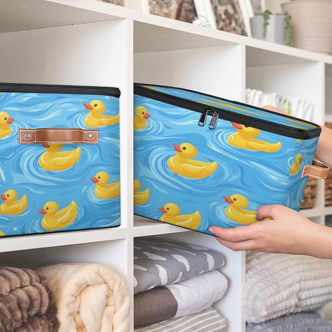 Cartoon Duck Storage Bins with Zipper Lid, Rubber Duck Lidded Storage Baskets Boxes Foldable Organizer with Leather Handles for Clothes Closet Shelf