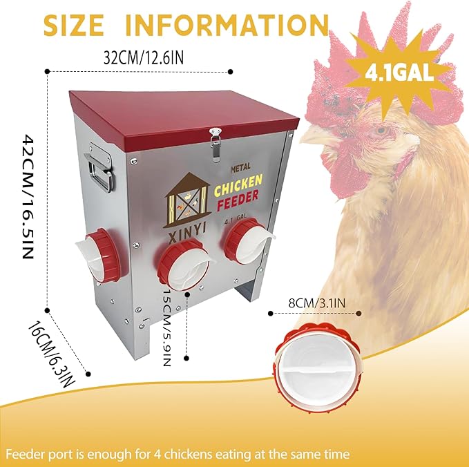 25lbs Metal Chicken Feeder, 4 Ports Galvanized Feeder, Goat Proof Auto Chicken Feeder, Weatherproof Chicken Food Dispenser System for Outdoor Coop,4.1 Gallon