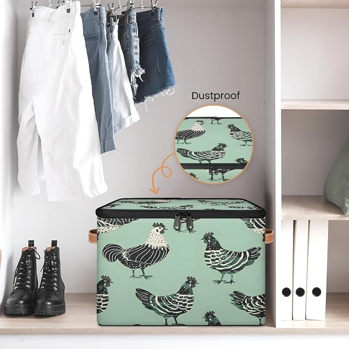 Modern Farmhouse Animal Chicken Storage Bins With Lids Fabric Collapsible Storage Box with Leather Handles for Home Bedroom Foldable Closet Shelf Organizer