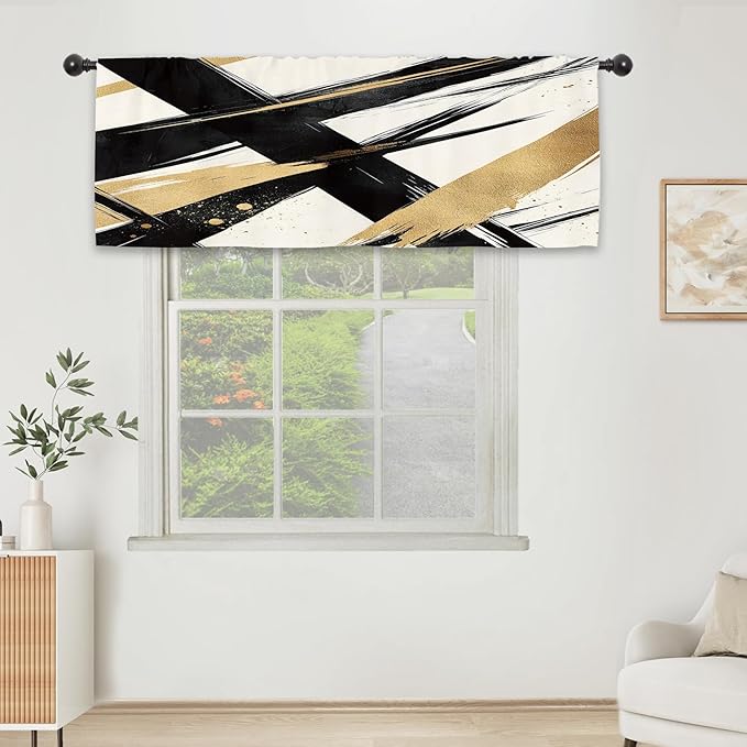 Modern Black Gold Kitchen Curtain Valance 54W x 18L Inch Contemporary Minimalist Line Art Rod Pocket Short Cafe Small Window Treatment Drapes Decor