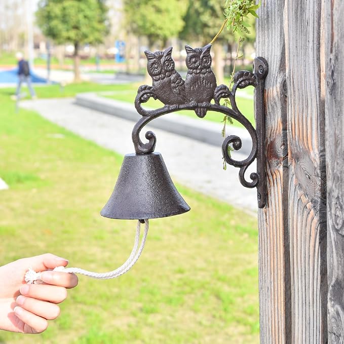 Sungmor Heavy Duty Cast Iron Wall Bell - Decorative Retro Style Lovely Owls Hand Bell - Manually Shaking Wall Hanging Doorbell - Indoor Outdoor Wall Mounted Dinner Bell - Garden Home Wall Decoration