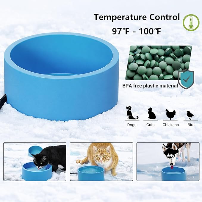 Large Heated Water Bowl for Dog & Cat, Outdoor Heated Dog Bowl with Chew Resistant Power Cord, Waterproof Heated Pet Bowl Smart Thermal-Dish in Winter for Dog Cat Chicken Birds, 108 OZ UL Certified