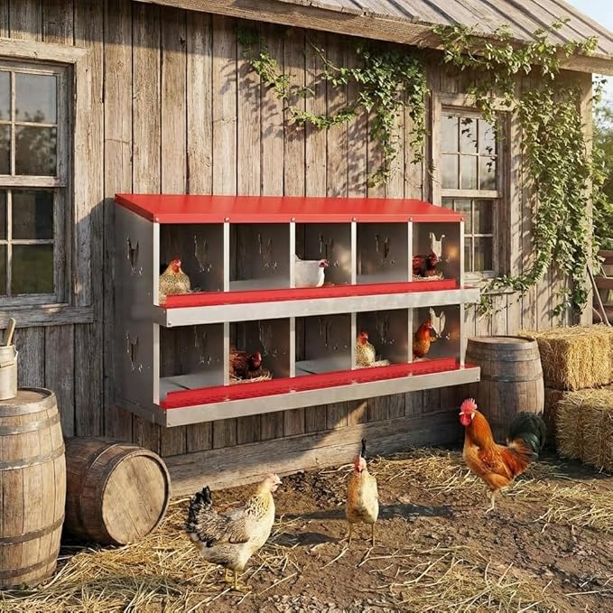 10 Holes Chicken Nesting Boxes, Nesting Boxes for Chickens, Easy to Clean and Install, Chicken Laying Box for Outdoor Chicken Coop Farm Yard, Red