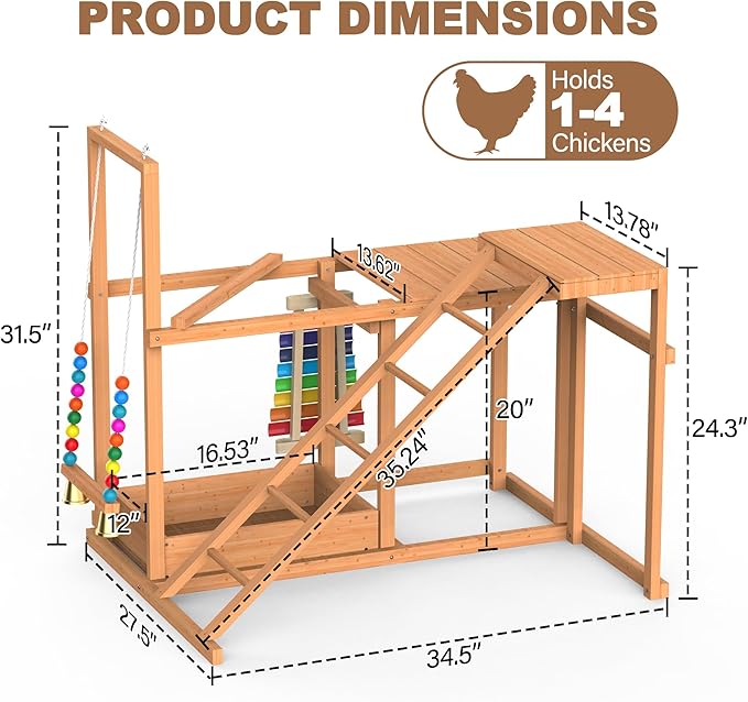 Chicken Perch with Swing, Chicken Roosting Bars, Wood Toy for 3-4 Birds, Hen Ladder & Activity Play, Chickens for Coop with Multiple Perches & Feeder, Suitable for Backyard Farm
