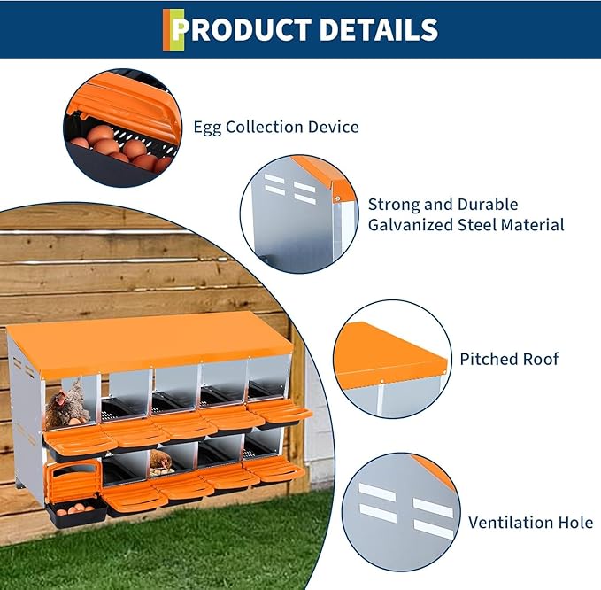 Chicken Nesting Boxes - 10-Hole Nesting Box for Chickens,Hen Laying Boxes with Roll Away Design & Lid Cover - Durable Poultry Laying Box for Hens, Easy Egg Collection