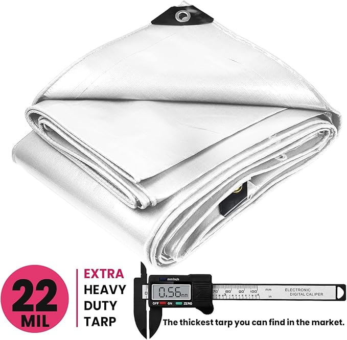 PROTARP Extreme Heavy Duty 22 Mil Tarp Cover, Waterproof, UV Resistant, Rip and Tear Proof, Poly Tarpaulin with Reinforced Edges for Roof, Camping, Patio, Pool, Boat. (White 24′ X 30′)