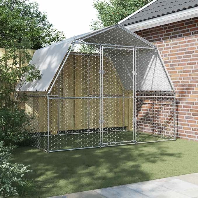 Large Silver Galvanized Steel Outdoor Animal Pen 76.8"x112.2"x90.6" Chicken Coop Rabbit Run UV-Resistant Roof Lockable Door for Backyard Farm Garden
