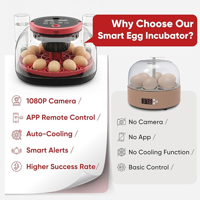Smart Egg Incubator with WiFi APP & 1080P Camera | Auto Egg Cooling & Turner for High Hatch Rate | 18-24 Egg Capacity with Humidity Control & 360° View for Hatching Chicken/Duck/Quail