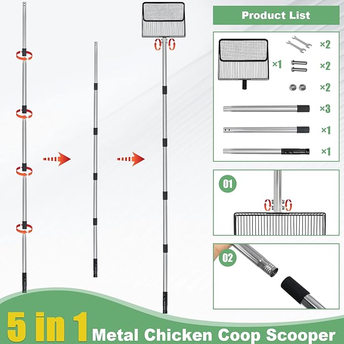 Chicken Poop Scooper, 5-in-1 Large Adjustable Stainless Steel Long Handle, 10-inch Metal Chicken Coop Scooper, 22" to 77" Removable Heavy Duty Coop Scoop Cleaning Supplies for Chicken Coops