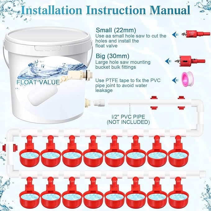 Complete Set Pipeline Automatic Poultry Nipple Waterer, 1/2" PVC Tee Fittings and Other Parts for Chicken, Turkey, Duck, Pigeon, Quail Feeding and Watering