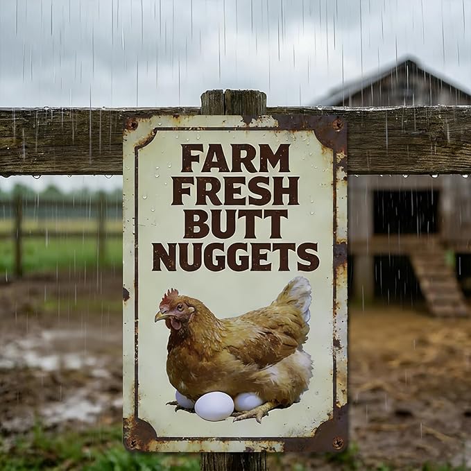 Funny Chicken Metal Sign Outdoor, Aluminum Farmhouse Wall Decor for Coop Door or Yard Area, Fluffy Humor Country Living Style, Rustic 8x12 Inch Gift