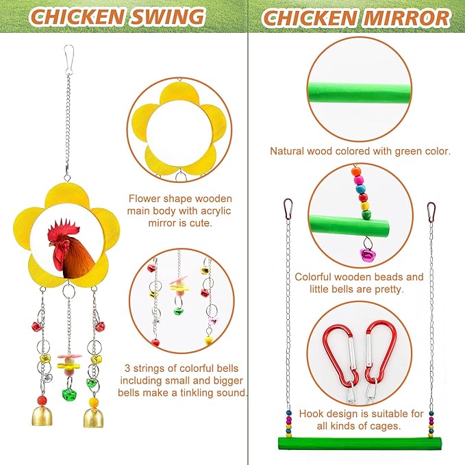 9 Pack Chicken Toys for Coop Accessories, Chicken Enrichment Toys with 2 Swing, 1 Wood Stand, 1 Xylophone, 1 Mirror, 2 Vegetable Net Bag, 2 Vegetable Fruits Hanging Fork