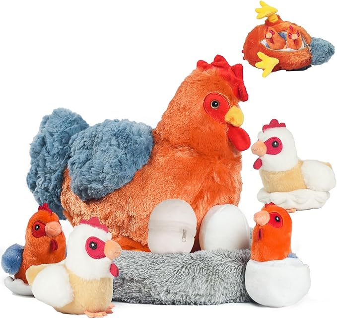 9 in 1 Chicken Stuffed Animal Set Stuffed Chicken Plush Toys for Kids, Egg Laying Hen with Zippered Belly, Eggs, Baby Chicks Plush Chickens and Coop for Kids Girls Boys Birthday Easter Stuffers Gifts