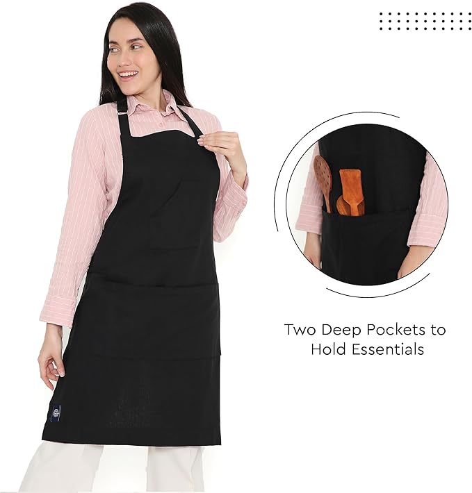 Encasa XO Adjustable Kitchen Cotton Apron With Pockets & Towel Holder Of Size 27x33 in (Full Black) for Men & Women Chefs For Cooking & Baking in Home, Restaurants & Barbeque