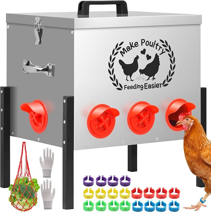 50LB Automatic Chicken Feeder Kit 8 Ports Large Metal Poultry Feeder Duck Chicken Coop Chick Feeder System Food Dispenser No Waste with Adjustable Legs Locking Lid Vegetable Hanging Bag Leg Rings