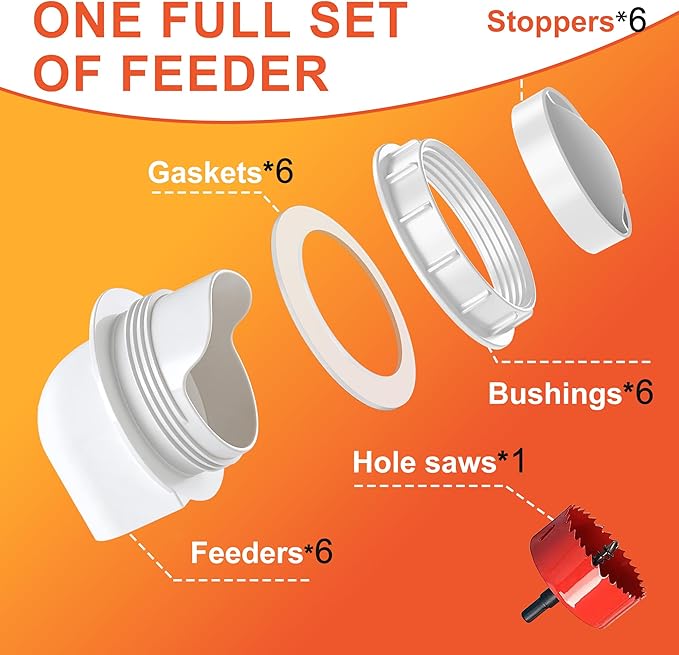 Chicken Feeders No Waste, DIY Automatic Poultry Feeder 6 Ports 1 Hole Saw with Covers Gravity Feed Kit for Buckets Barrels Bins Troughs