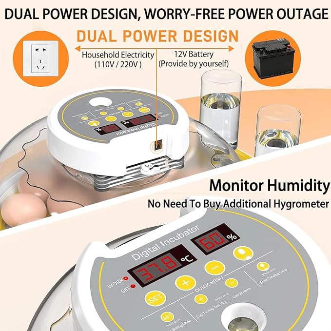 18/60 Incubator for Hatching Eggs, Egg Incubators with Humidity Display, Egg Candler, Automatic Egg Turner, Poultry Egg Incubator for Hatching Chicken Duck Bird Quails- Yellow 2 Egg Trays