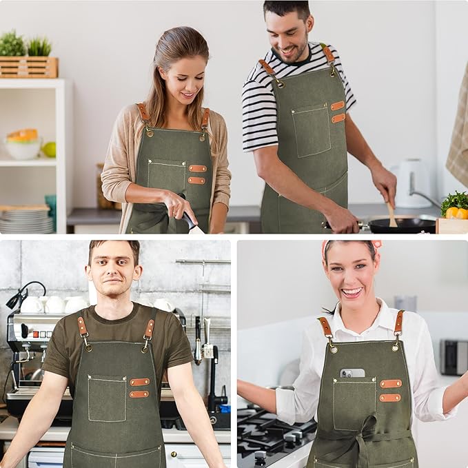 Chef Apron for Men Women Canvas Aprons with 3 Pockets Cross Back Resistant Work Apron for Cooking