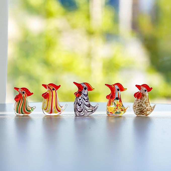 H&D HYALINE & DORA Set of 5 Blown Glass Rooster Figurines - Mini Collectible Art Glass Ornament Gift for Home Desktop Decor