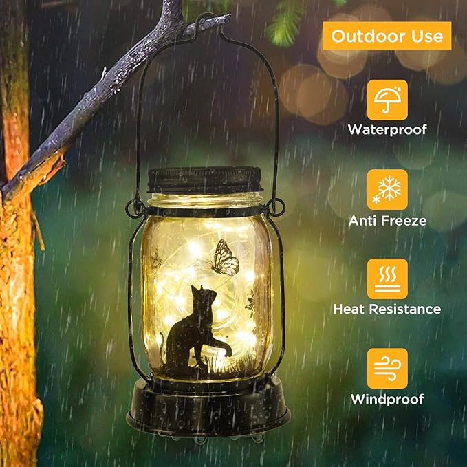 Cat Lover Gifts for Mom/Grandma/Women/Sister Cat Butterfly Solar Light Gifts Mother Day Gift Solar Lanterns Outdoor Waterproof Fairy Lights Led Mason Jar Hanging Cat Lamps Decor for Garden Yard Torche