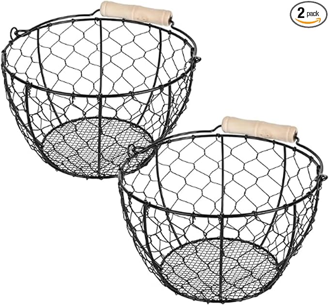 2 Pcs Egg Basket With Handle,Wire Egg Basket for Gathering Fresh Eggs, Round Egg Collecting Basket for Farm,Vintage Style Chicken and Duck Eggs Basket Egg Countertop Storage Container Holder ﻿