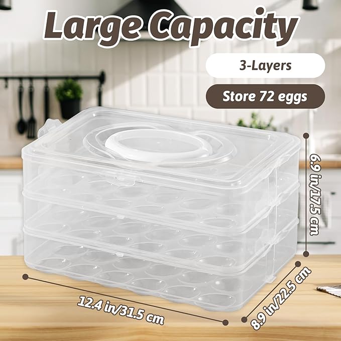 Egg Holder for 72 Eggs,3-Layer Plastic Egg Container,Deviled Egg Tray with Handle Lid,Devil Egg Holder for Refrigerator,Kitchen,Easter Party,Keep Fresh