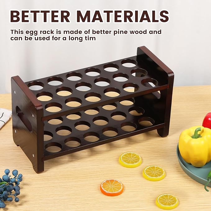 Wooden Egg Holder Countertop, 2-Tier 36-Egg Storage Rack, Farmhouse Egg Basket for Gathering Fresh Eggs, Egg Tray Storage Display Stand, Kitchen Counter Top Organizer for Chicken Duck Quail Eggs