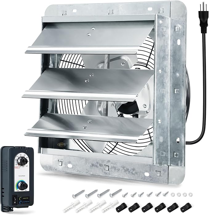 12 Inch Shutter Exhaust Fan with Thermostat and Speed Controller, Wall Mounted Vent Fan for Attic, Greenhouse, Shed, Garage, Chicken Coop, Shop Ventilation, 960 CFM, 1400 SQF Coverage Area