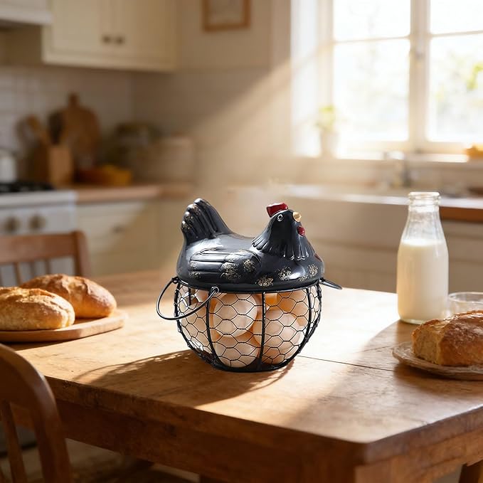 Egg Storage Organizer for Kitchen Countertop, Ceramic Chicken Lid with Wire Basket Dispenser, Black Chicken Egg Holder for Fresh Eggs, Rustics Egg Dispenser Rack for Farmhouse Decor (Black)