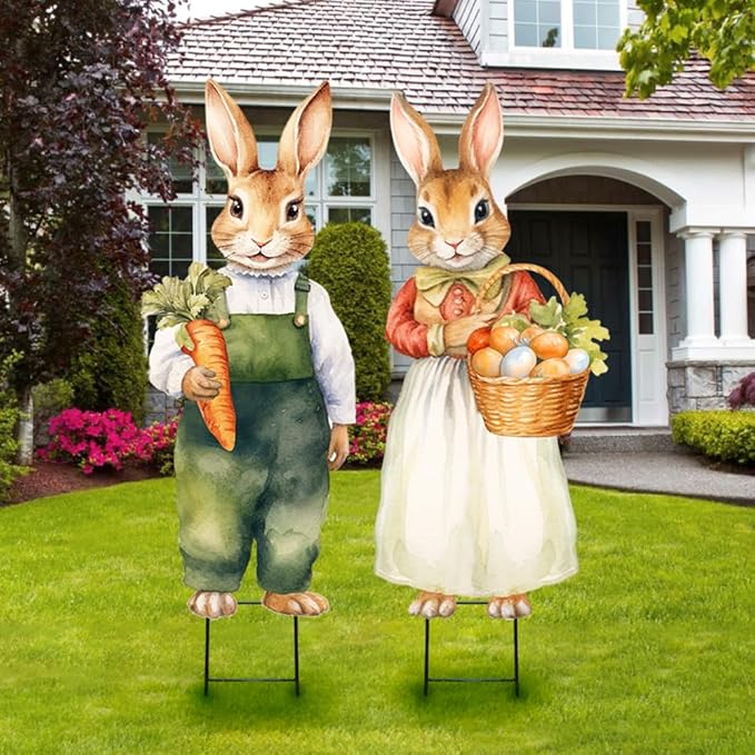 Easter Decorations Outdoor Yard Signs: 2pcs Large Metal Vintage Bunny with Carrot Eggs, Farmhouse Rustic Yard Decoration with Stakes, Lawn Garden Decor for Kids Family Home Outside Spring Easter Party