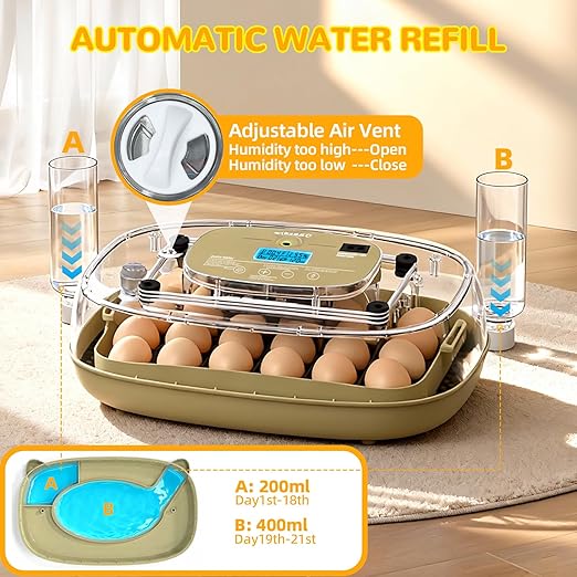 24 Egg Incubator with Temperature Control & Humidity Monitoring, Automatic Egg Turner, Built-in Egg Candler, 360° Clear View for Hatching Chicken, Duck, Quail Eggs - Ideal for Home, Classroom, Farm