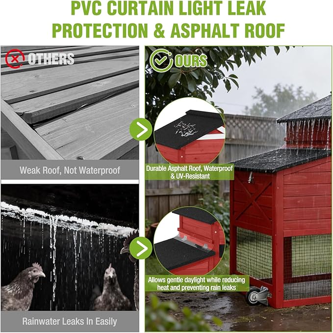 GUTINNEEN Chicken Coop with Wheels for 2-4 Chickens, Large Wooden Outdoor Hen House with Run, Waterproof & UV-Resistant Roof, Removable Leakproof Tray and Divided Nesting Box– Red