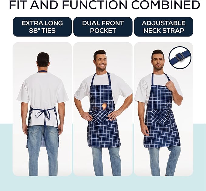 Will Well Kitchen Apron for Men and Women - 33" x 27" Oil-and-Water-Resistant with Adjustable Neck Strap and 38" Waist Ties for a Snug Fit, Lightweight with 2 Front Pockets - 2-Pack, Navy Checkered