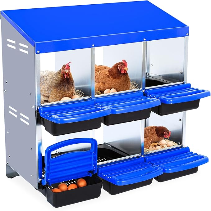 Chicken Nesting Box 6-Hole Roll Away Egg Laying Box with Lid, Galvanized Steel Rustproof Poultry Coop Box, Wall Mountable No Bracket Needed for Hens, Blue