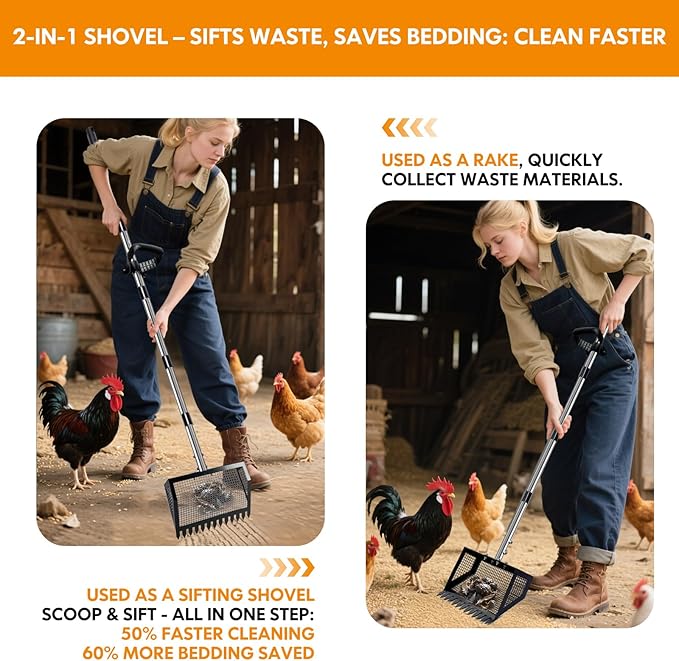 Chicken Coop Scoop (22 to 75") Chicken Coop Rake and Scoop with Grip 5 Section Extra Long Handle Chicken Pooper Scooper for Sand Metal Chicken Cleaning Tools Livestock Rake(10Inch Black)