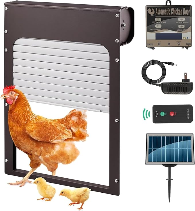 Automatic Chicken Coop Door Solar Powered Chicken Coop Accessories with Timer & Light Sensor Mix 4modes, Remote Control Anti-Pinch Auto Switch Waterproof Aluminum Chicken Door,Brown