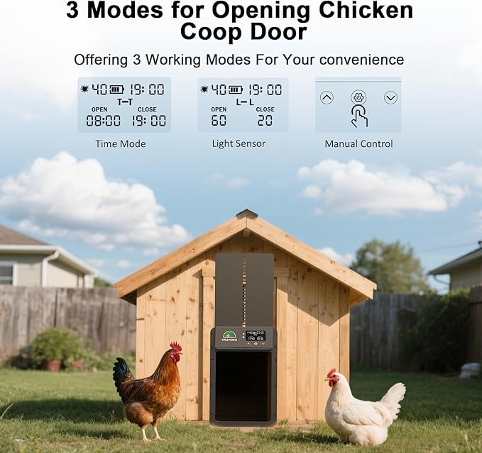 Automatic Chicken Door with Light Sensor & Timer, Solar Chicken Coop Door with Multiple Modes & USB-C Charging, Auto Chicken Coop Door with LCD Display